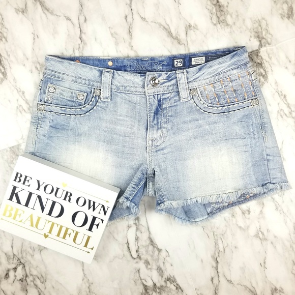 Miss Me Pants - Miss Me Buckle Light Blue Denim Cut Off Shorts 29